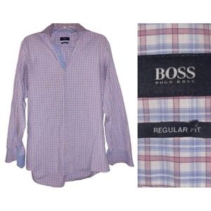 BOSS HUGO BOSS Blue Peach Plaid Dress Shirt Medium